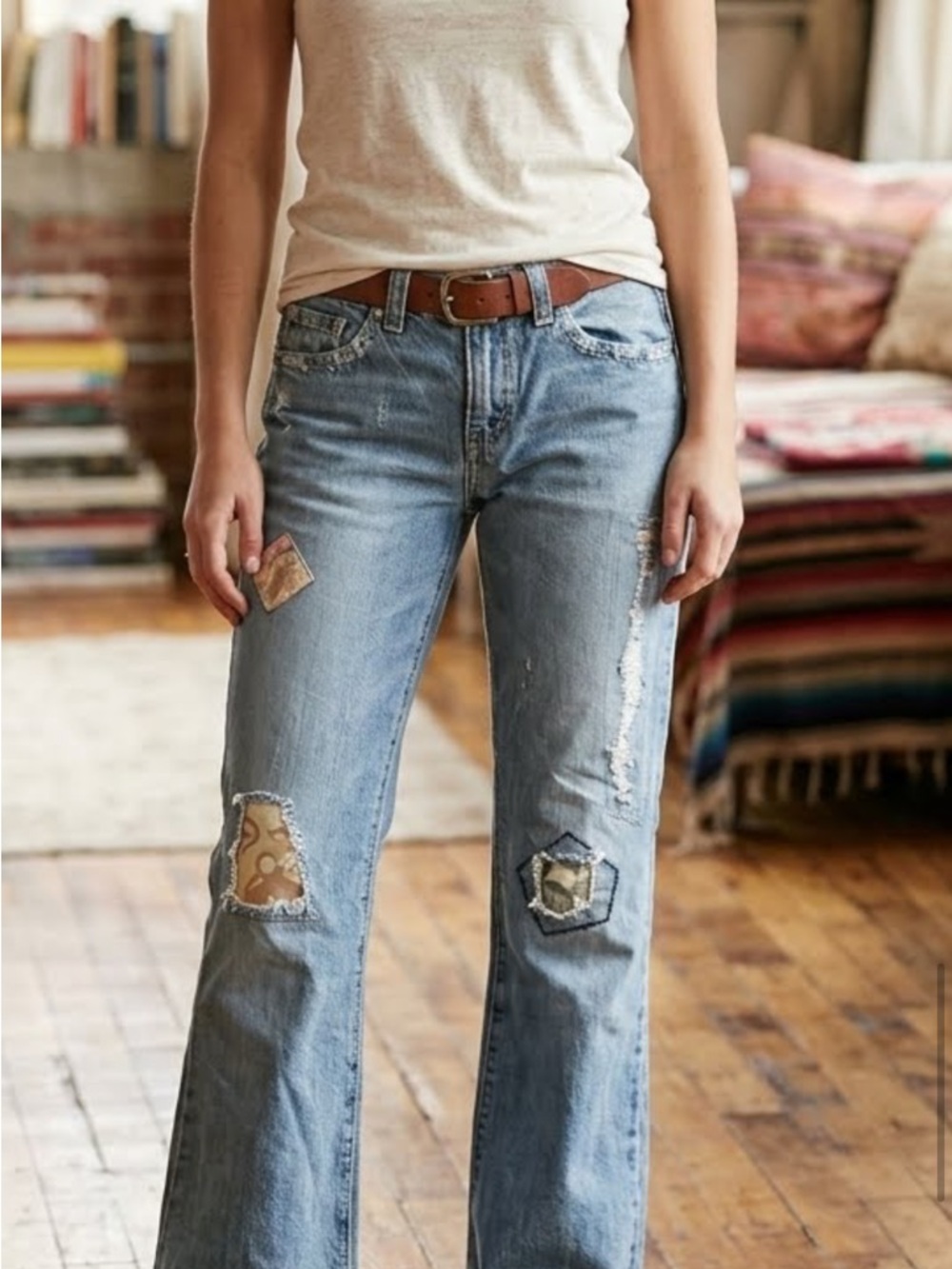 Women’s Light Blue Patchwork Flare Jeans